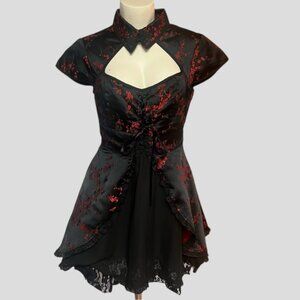Hell Bunny Black With Red Flowers Lace Up Corset Gothic Mini Dress